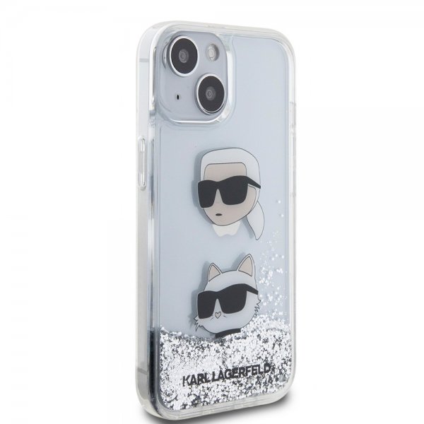Karl Lagerfeld iPhone 15 -kuori Liquid Glitter Karl & Choupette Silver