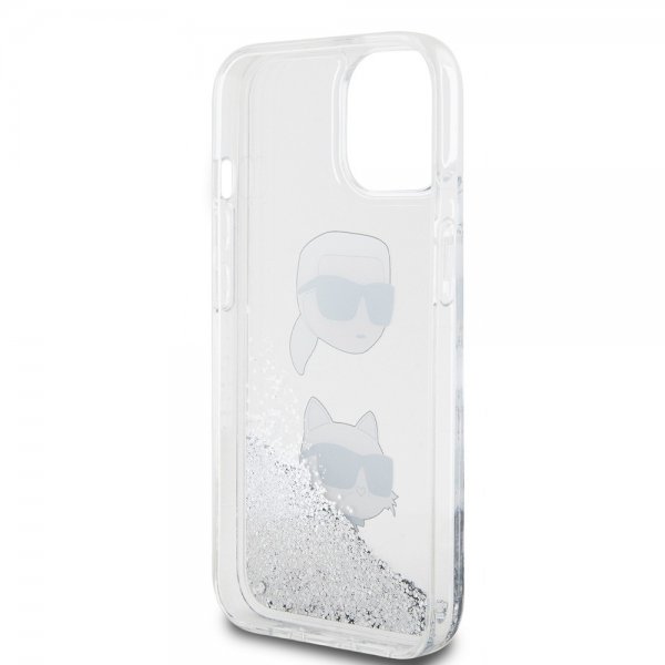 Karl Lagerfeld iPhone 15 -kuori Liquid Glitter Karl & Choupette Silver