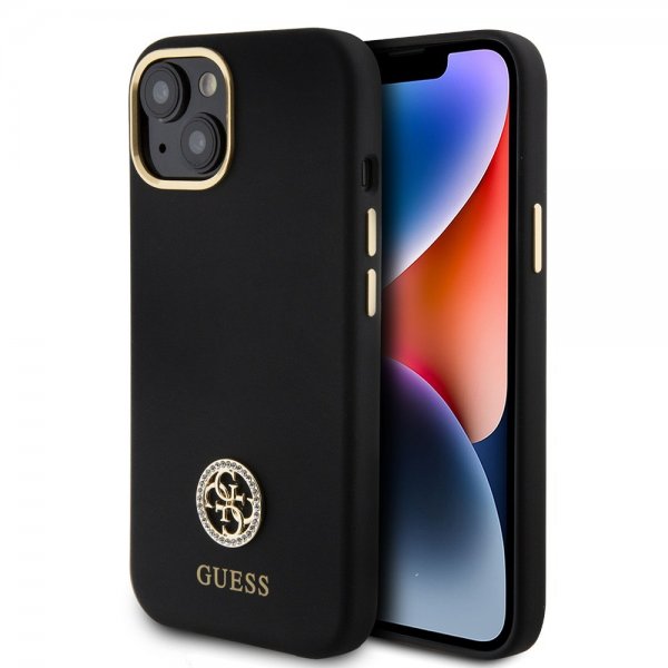 Guess iPhone 15 Kuoret Liquid Silicone Metal Logo Musta