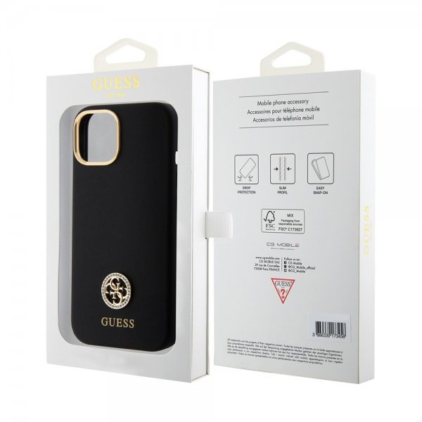 Guess iPhone 15 Kuoret Liquid Silicone Metal Logo Musta