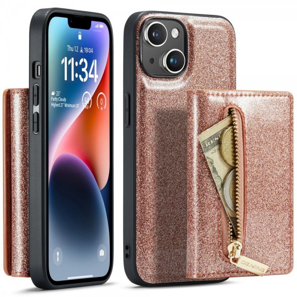 Dg.Ming iPhone 15 -kuoret, M3 Series, irrotettava korttikotelo, glitter ruusukulta