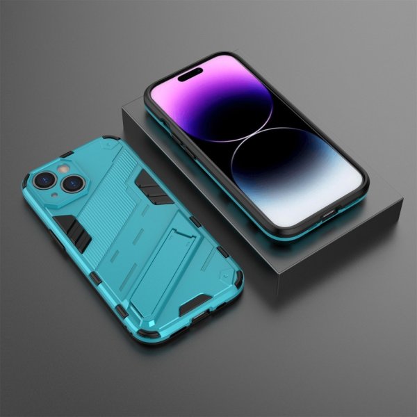 iPhone 15 -kotelo jalustalla, vaaleansininen