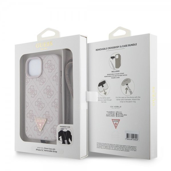 Guess iPhone 15 Kuoret Metalli Logo Strassit Olkahihna Vaaleanpunainen