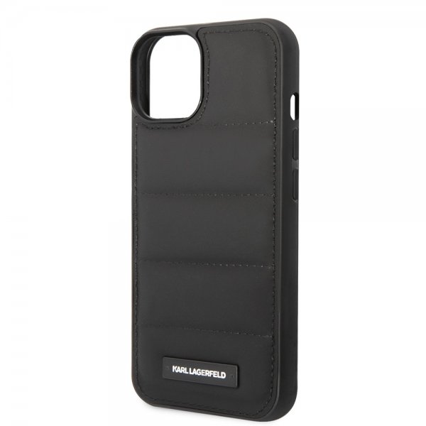 Karl Lagerfeld iPhone 15 Kuori Tikattu Nylon Puffy Case Logo Plate Musta