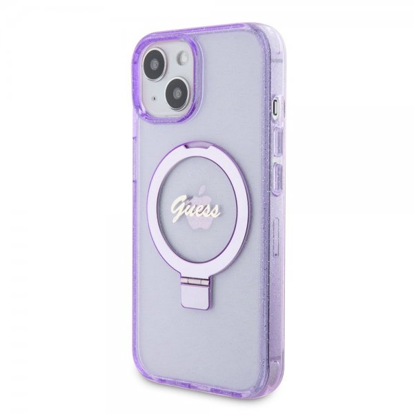 Guess iPhone 15 Kuoret Ring Stand Glitter MagSafe Violetti