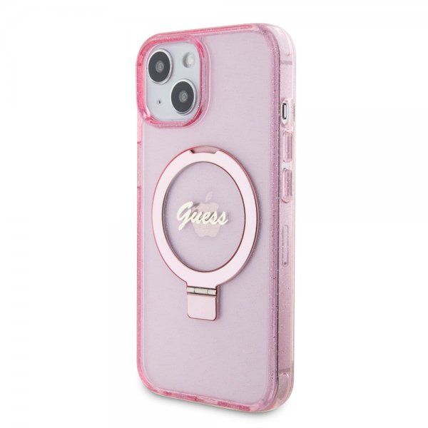 Guess iPhone 15 -kuori, jalusta, glitter, MagSafe, pinkki