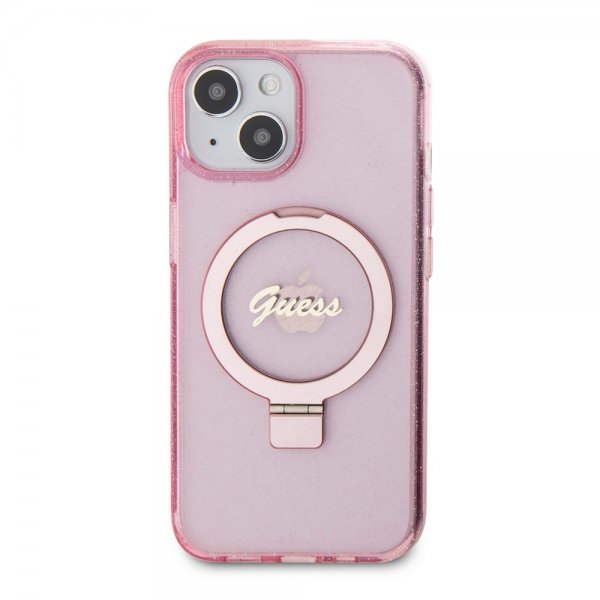 Guess iPhone 15 -kuori, jalusta, glitter, MagSafe, pinkki