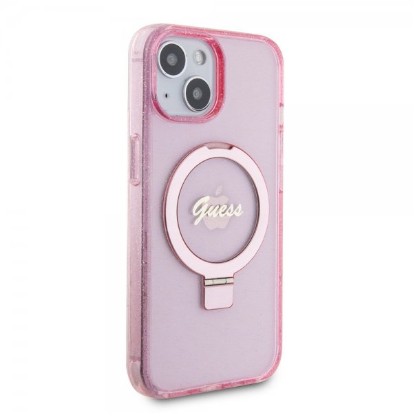 Guess iPhone 15 -kuori, jalusta, glitter, MagSafe, pinkki