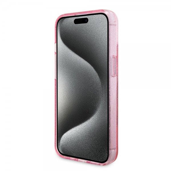 Guess iPhone 15 -kuori, jalusta, glitter, MagSafe, pinkki