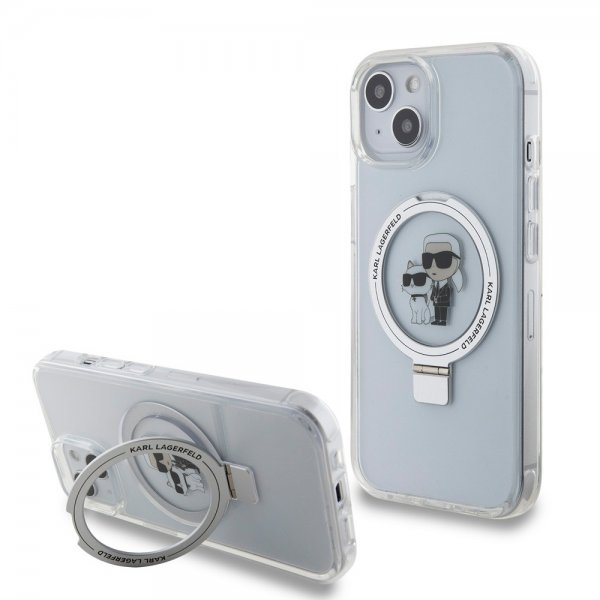 Karl Lagerfeld iPhone 15 -kuori jalustalla MagSafe valkoinen