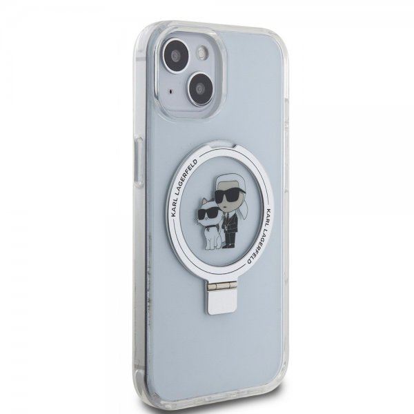 Karl Lagerfeld iPhone 15 -kuori jalustalla MagSafe valkoinen