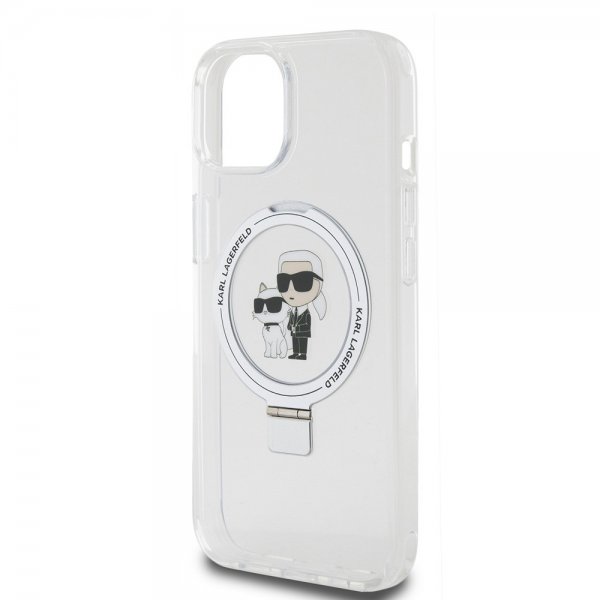 Karl Lagerfeld iPhone 15 -kuori jalustalla MagSafe valkoinen