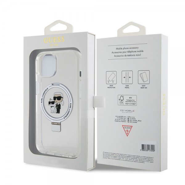 Karl Lagerfeld iPhone 15 -kuori jalustalla MagSafe valkoinen