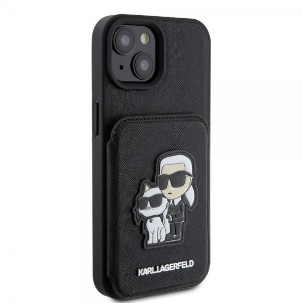 Karl Lagerfeld iPhone 15 -kuori Saffiano korttipaikoilla ja jalustalla musta
