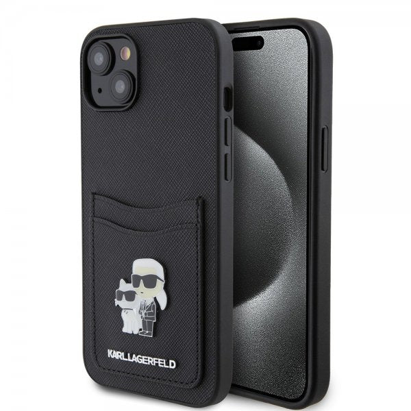 Karl Lagerfeld iPhone 15 Saffiano Double Cardslot -kuori, musta