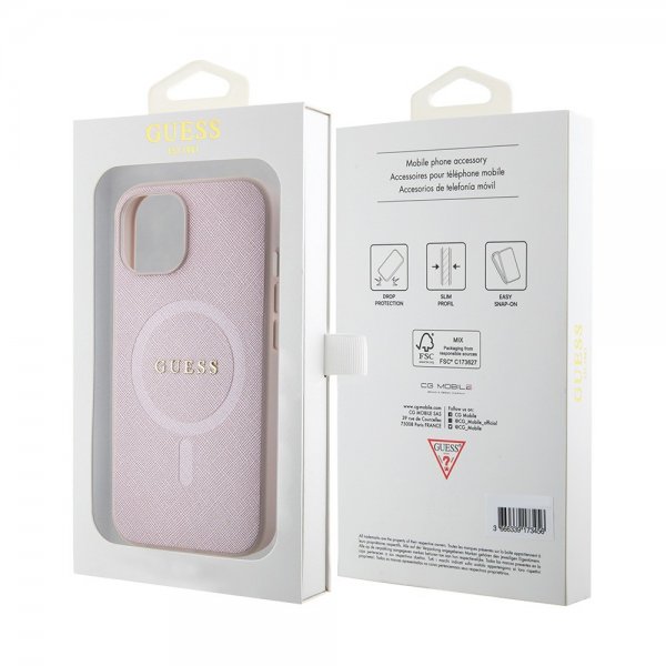 Guess iPhone 15 Saffiano MagSafe -kuori pinkki