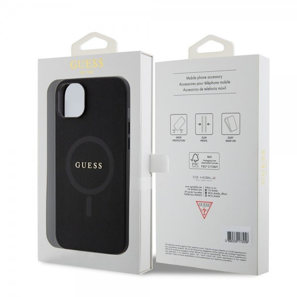Guess iPhone 15 Saffiano MagSafe -suojakuori, musta