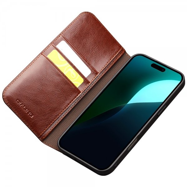 Qialino iPhone 16 -suojakotelo, aitoa nahkaa, ruskea