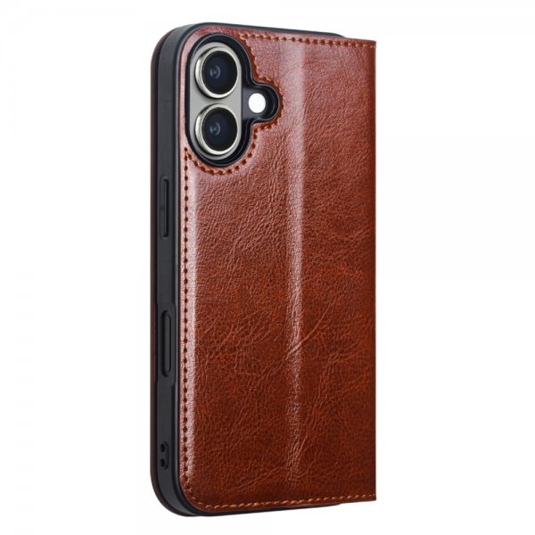 Qialino iPhone 16 -suojakotelo, aitoa nahkaa, ruskea