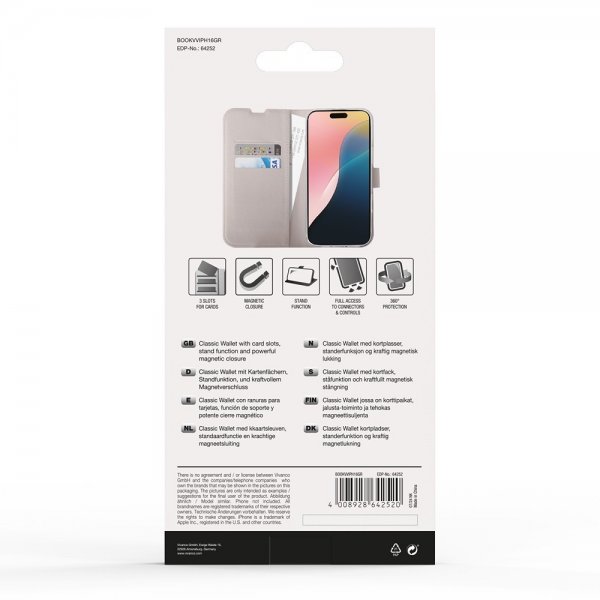 Vivanco iPhone 16 -suojakotelo Classic Wallet Greige