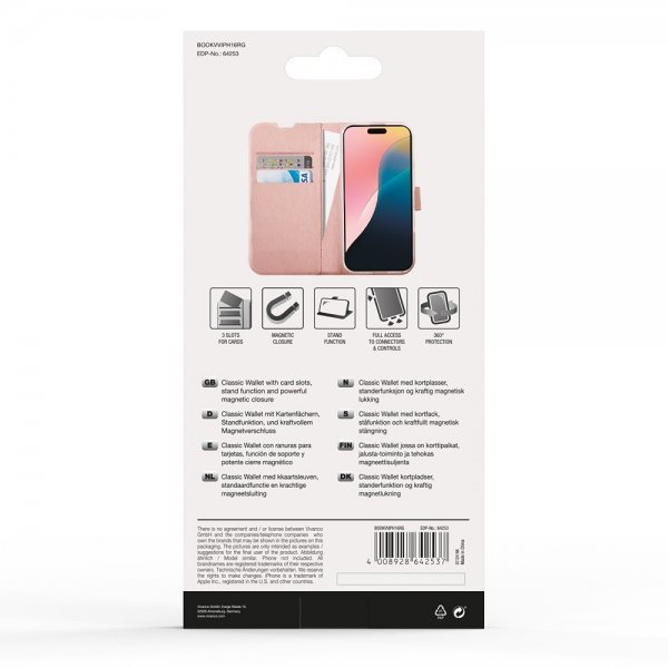 Vivanco iPhone 16 -suojakotelo Classic Wallet, ruusukulta