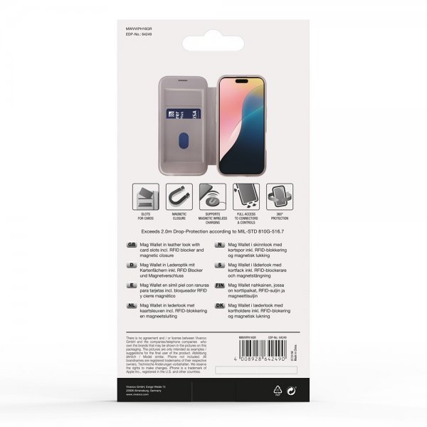 Vivanco iPhone 16 -suojakotelo Mag Wallet Greige