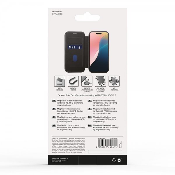 Vivanco iPhone 16 -kotelo Mag Wallet Musta