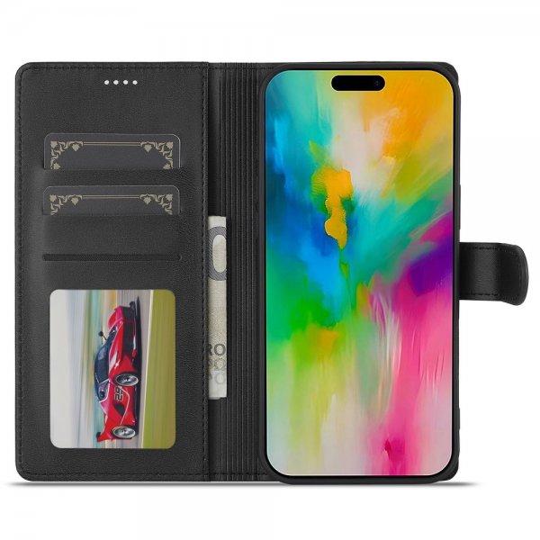 Lc.Imeeke iPhone 16 -kotelo, jossa korttipaikka ja jalustatoiminto, musta