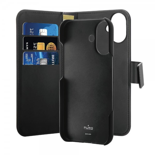 Puro iPhone 16 Suojakotelo Lompakko Irrotettava 2-in-1 Musta