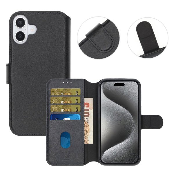 Rvelon iPhone 16 Kotelo Aitoa nahkaa Korttitasku Musta