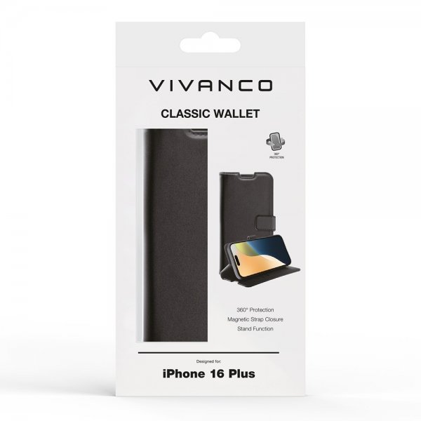 Vivanco iPhone 16 Plus -kotelo, Classic Wallet, musta