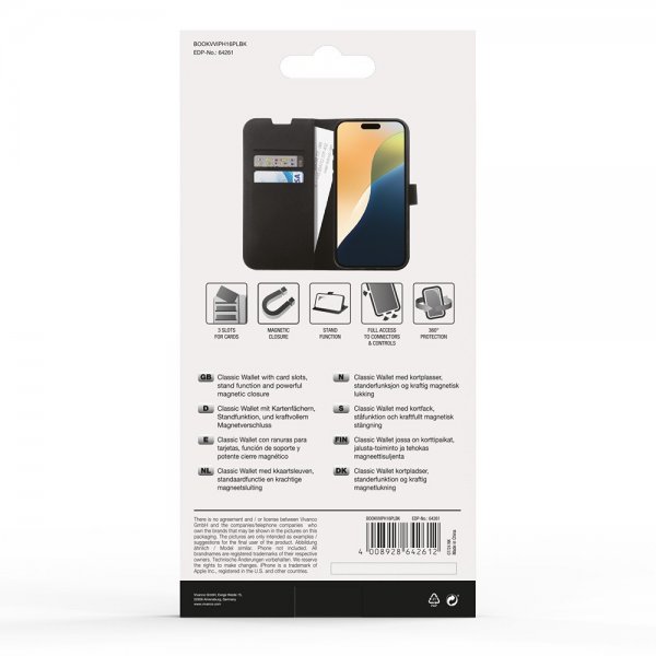 Vivanco iPhone 16 Plus -kotelo, Classic Wallet, musta