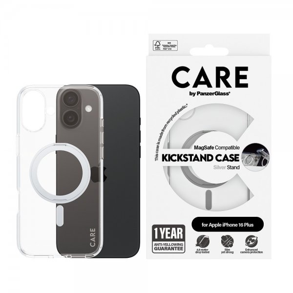 CARE by PanzerGlass iPhone 16 Plus -suojakuori Kickstand MagSafe, hopea