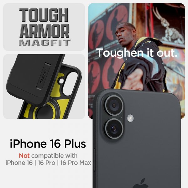 Spigen iPhone 16 Plus -suojakuori Tough Armor MagFit, musta