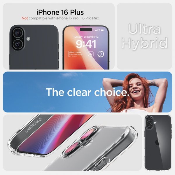 Spigen iPhone 16 Plus -suojakuori, Ultra Hybrid, Crystal Clear