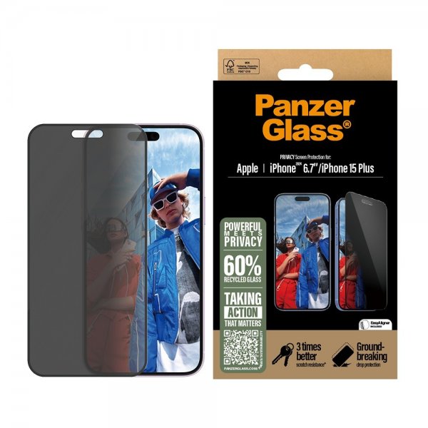 PanzerGlass iPhone 15 Plus/iPhone 16 Plus -näytönsuoja Ultra-Wide Fit Privacy EasyAligner