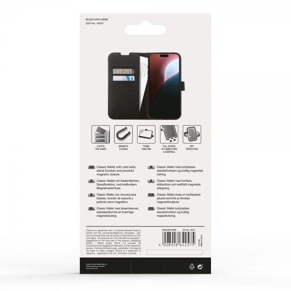 Vivanco iPhone 16 Pro Classic Wallet -suojakotelo, musta