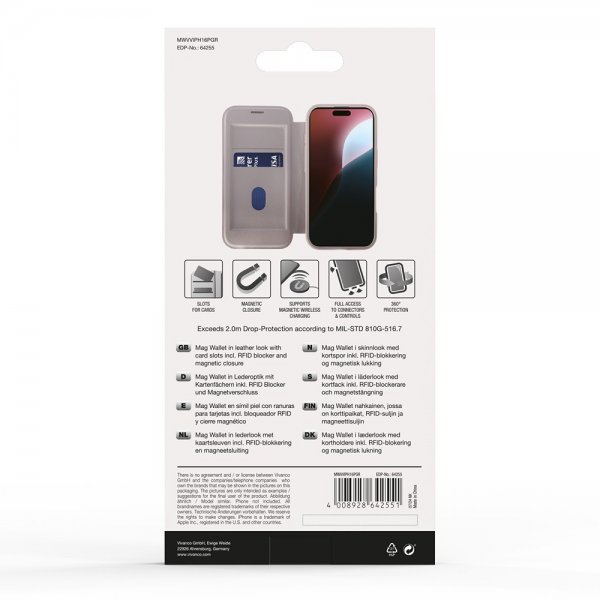Vivanco iPhone 16 Pro -kotelo Mag Wallet Greige