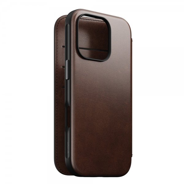 Nomad iPhone 16 Pro -suojakuori Modern Leather Folio Horween Rustic Brown