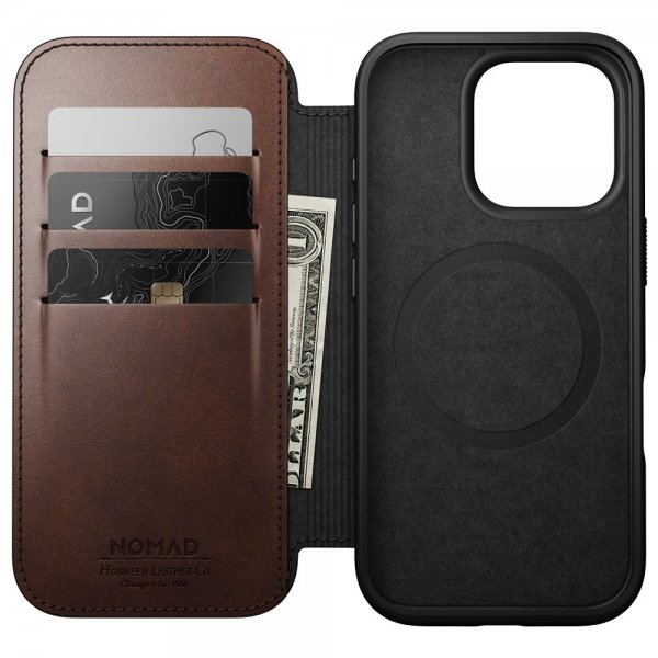 Nomad iPhone 16 Pro -suojakuori Modern Leather Folio Horween Rustic Brown