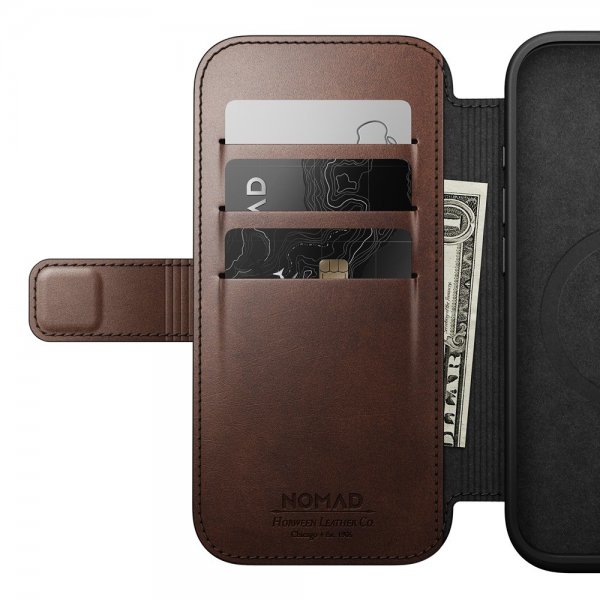 Nomad iPhone 16 Pro -suojakuori Modern Leather Folio Horween Rustic Brown
