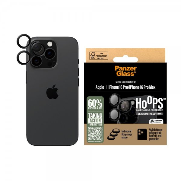 PanzerGlass iPhone 16 Pro/iPhone 16 Pro Max kamerans linssuojus Hoops Musta