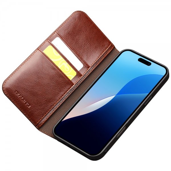 Qialino iPhone 16 Pro Max -kotelo, aitoa nahkaa, ruskea