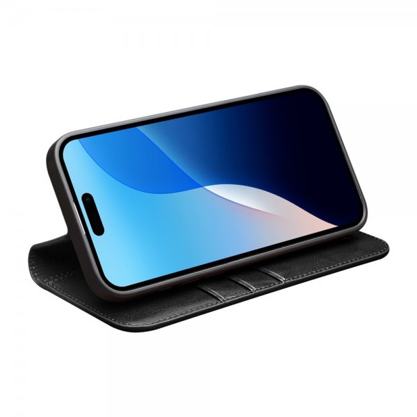 Qialino iPhone 16 Pro Max -kotelo, aitoa nahkaa, musta
