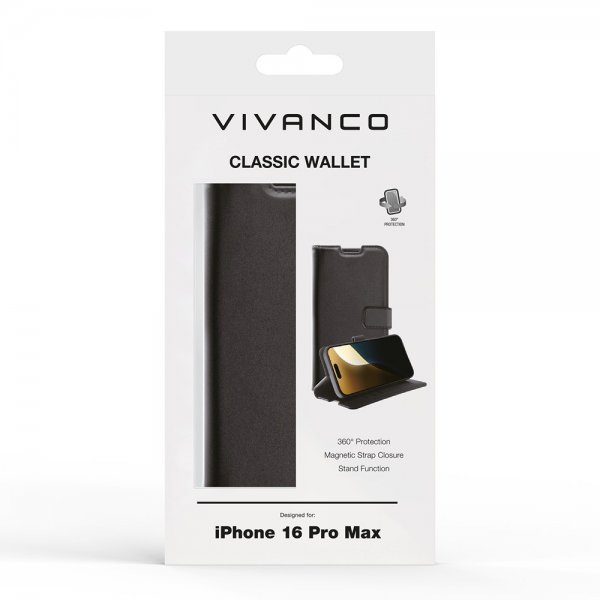 Vivanco iPhone 16 Pro Max -kotelo, Classic Wallet, musta