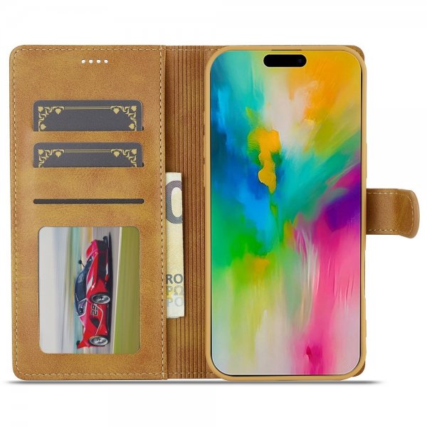 Lc.Imeeke iPhone 16 Pro Max -suojakuori korttipaikalla ja jalustatoiminnolla, vaaleanruskea