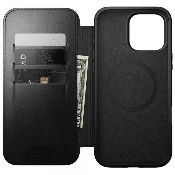 Nomad iPhone 16 Pro Max -kotelo, Modern Leather Folio, Horween, musta