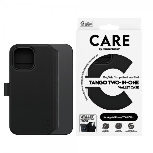 CARE by PanzerGlass iPhone 16 Pro Max -suojakuori, Tango Two-in-One Wallet, MagSafe, musta