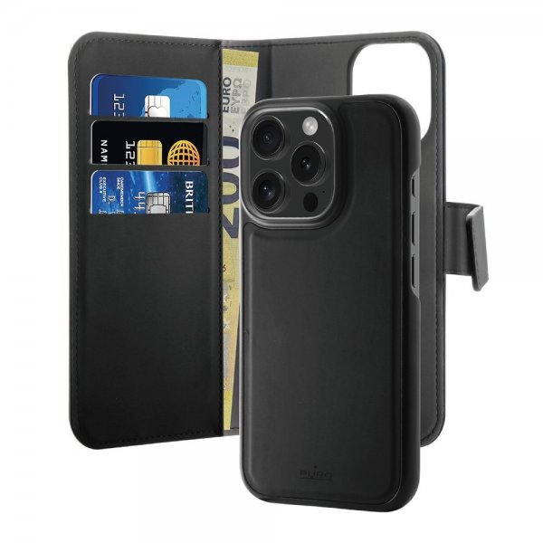 Puro iPhone 16 Pro Max kotelo lompakolla irrotettava 2-in-1 musta