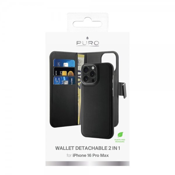 Puro iPhone 16 Pro Max kotelo lompakolla irrotettava 2-in-1 musta